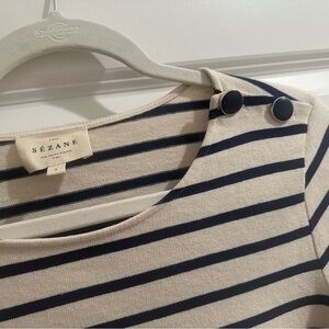 Sezane “Colette” Striped Boatneck Top in Navy & Cream with Shoulder Buttons